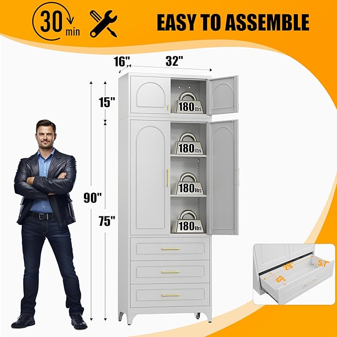 Metal Storage Cabinet with Doors and Shelves, 90" Tall Kitchen Pantry Storage Cabinets with 3 Drawer, White Pantry Closet, Steel Large Cupboard, High Leveling Feet- Assembly Required