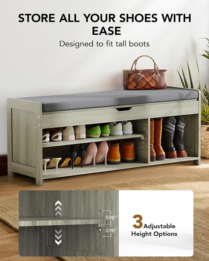 Amada Shoe Bench, 39.4” Entryway Bench with Cushioned Seat & Lift Top Storage, Adjustable Shelf, 300 lbs Capacity, 2-Tier Storage Bench with Shoe Rack for Entryway, Bedroom, Gray