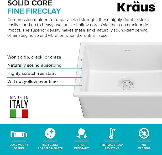 KRAUS Turino™ 24” Drop-In Undermount Fireclay Single Bowl Kitchen Sink with Thick Mounting Deck in Gloss White, KFD1-24GWH