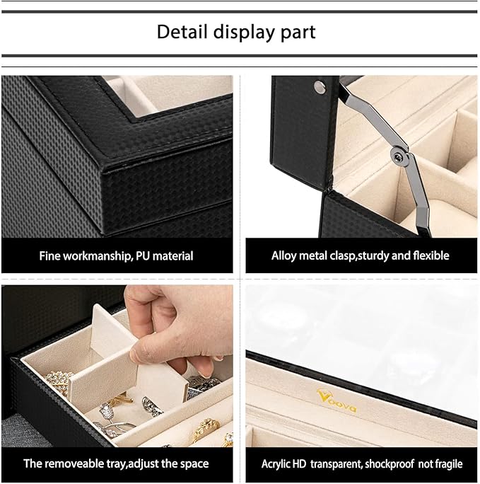 Voova Jewelry Box Organizer for Men Women, 2 Layer Large 12 Slot PU Leather Watch Storage Case, Glass Top Jewelry Display Holder for Watches Sunglasses Rings Necklaces Bracelets,Black