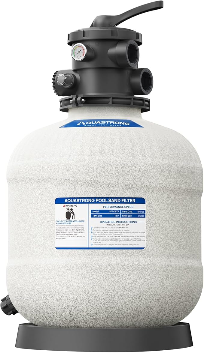Aquastrong Sand Filter System with 6-Way Valve, Top-Mount Valve Pool Sand Filter, 18in Pool Filter Fits all Above Ground Pools and Inground Pools Up to 20000 Gallons