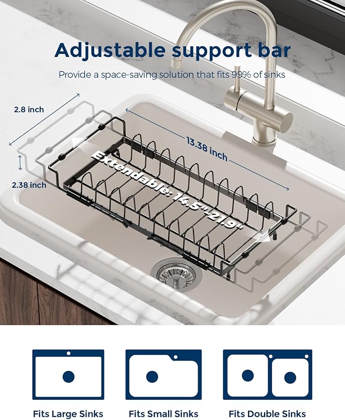Nacial 2-in-1 Small Dish Drying Rack Fits 14''–21.8'' Sink, Dish Drainers for Kitchen Counter Extend Kitchen Sink Drain Basket with Utensil Holder & Auto-Drain Tray, Stainless Steel Plate Rack, Black