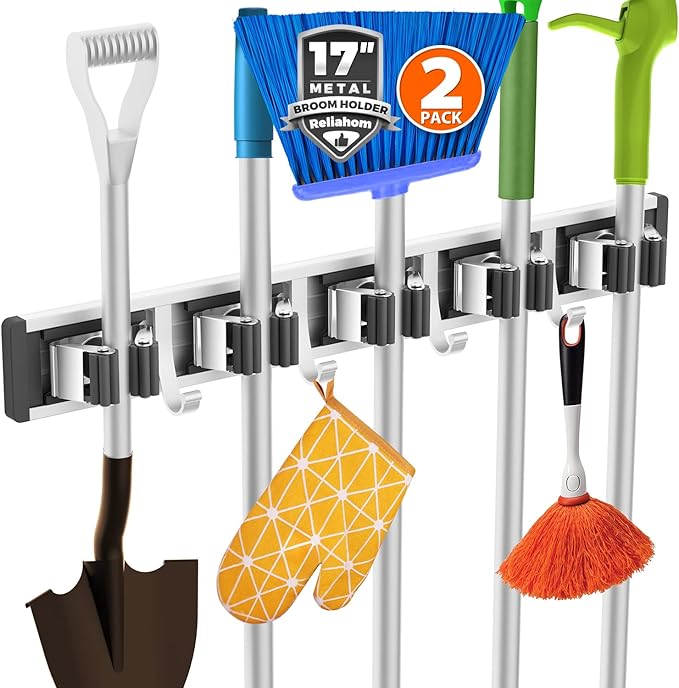 reliahom 2 Pack Broom Holder Wall Mount Mop and Broom Hanger Wall Mounted Garage Storage Rack Kitchen Garden Tool Organizer (5 Racks with 4 Hooks, Black)