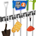 reliahom 2 Pack Broom Holder Wall Mount Mop and Broom Hanger Wall Mounted Garage Storage Rack Kitchen Garden Tool Organizer (5 Racks with 4 Hooks, Black)