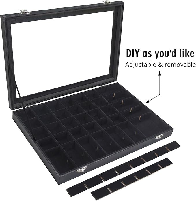 Jewelry Tray Organizer Box 48 Grid Jewelry Display Organizer Box with Transparent Lid Rings Earrings Necklaces Pendants Display Box Suitable for Women and Girls (48 Grid, Black)