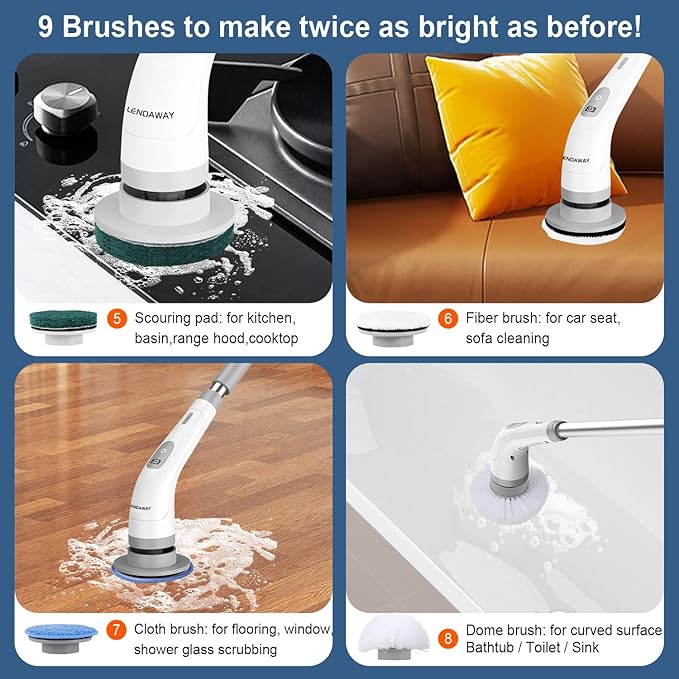 LENDAWAY 9-in-1 Multi-Purpose Electric Spin Scrubber for Cleaning, 2 Speed Long Handle Shower Scrubber, Replaceable Cleaner Brush Heads for Floors, Windows, Bathtub, Grout, Tiles, Sink, Car, Bathroom