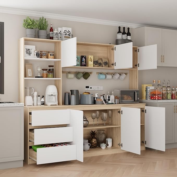 Extra Large Kitchen Pantry with Microwave Shelf, Kitchen Hutch Storage Cabinet with Countertop, Freestanding Countertop Cabinet with 3 Drawers and 3 Open Shelves, White + Walnut