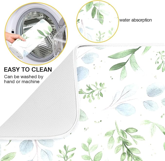 Green Eucalyptus Leaves Dish Drying Mat for Kitchen Countertop 18x24 Rectangle Large Drying Mat Reusable Quick Dry Dish Sink Absorbent Mats Dishwasher Easy Clean Decorative Home Decor Essentials