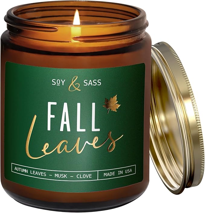 Fall Candles - 'Fall Leaves' Fall Candle w/Autumn Leaves, Clove & Musk I Infused with Essential Oils I Autumn Fall Scented Candles I Cozy Cute Fall Décor Fall Gifts I 9oz Jar I 50Hr Burn I Made in USA