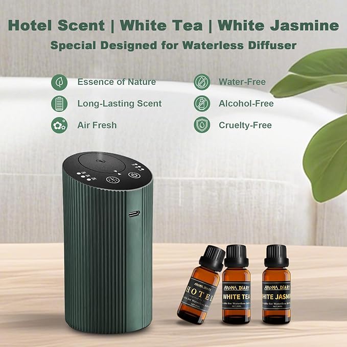 Waterless Essential Oil Diffuser Starter Kit with 3 x 20mL Essential Oil, Rechargeable Scent Diffuser for Home Car Bathroom, 3 Mist & 4 Timer, Portable Small Aromatherapy Diffuser Machine, DarkGreen