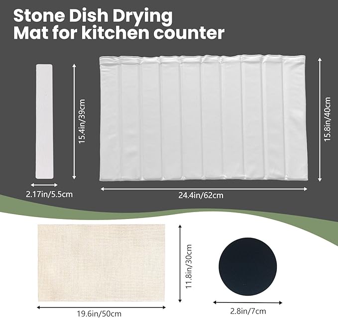 Removable Large Stone Drying Mat for Kitchen & Bathroom - 24x15 Inch | Foldable, Quick-Dry, Naturally Stain-Resistant Pad for Dishes, Cups, Cutting Boards (white, 24.4*15.8)
