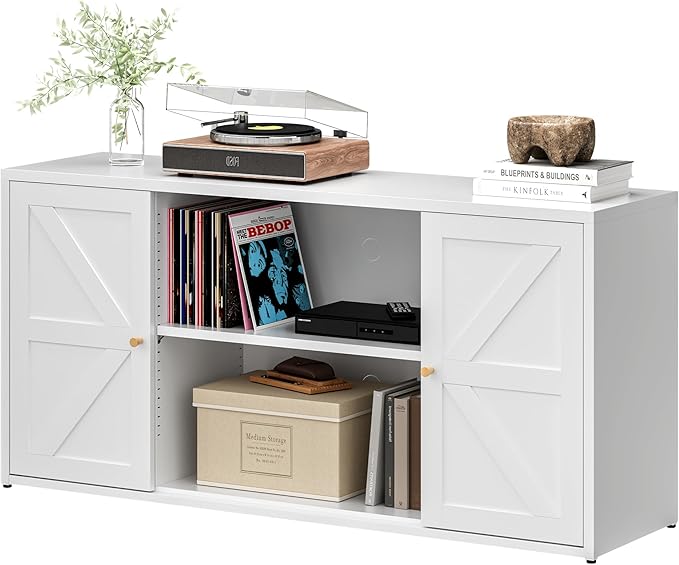 Metal TV Stand for 65 Inch TV, Farmhouse TV Entertainment Center with Storage Cabinets and Adjustable Shelves, Modern Media TV Console Table, TV Cabinet for Living Room, White