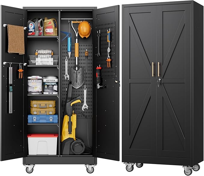Aobabo Metal Broom Closet Storage Cabinets with 4 Adjustable Shelves and Lock,Metal Mop and Broom Cabinet with Pegboards and Wheels,Assembly Required,Black