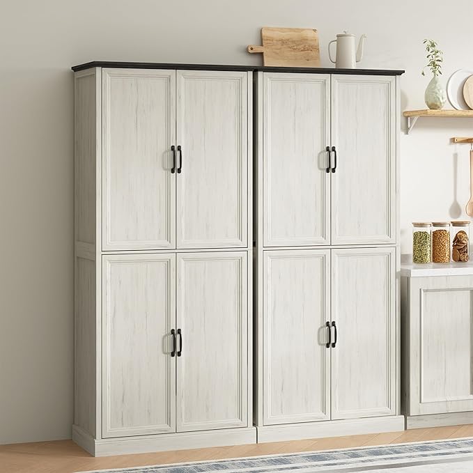 71'' Tall Pantry Cabinet Set of 2, Farmhouse Kitchen Pantry Storage Cabinet with Barn Door and Adjustable Shelves, Rustic White Wood Freestanding Cupboard for Kitchen, Dining Room