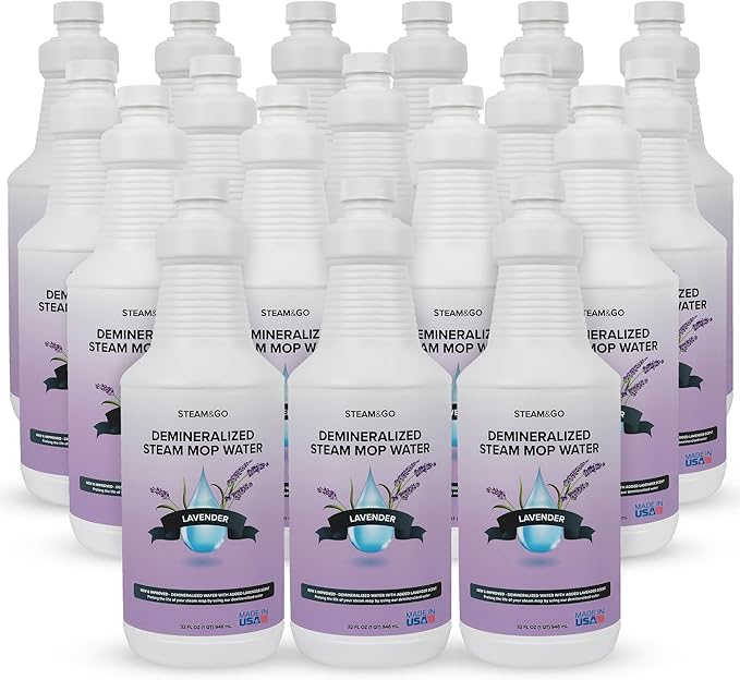 Steam & Go Demineralized Water for Steam Cleaner - PVC-Free Floor Cleaning Solution Compatible for All Steam Mops - Multi-Surface Cleaner for Home Surfaces - Lavender Scent, 32 oz (Pack of 18)