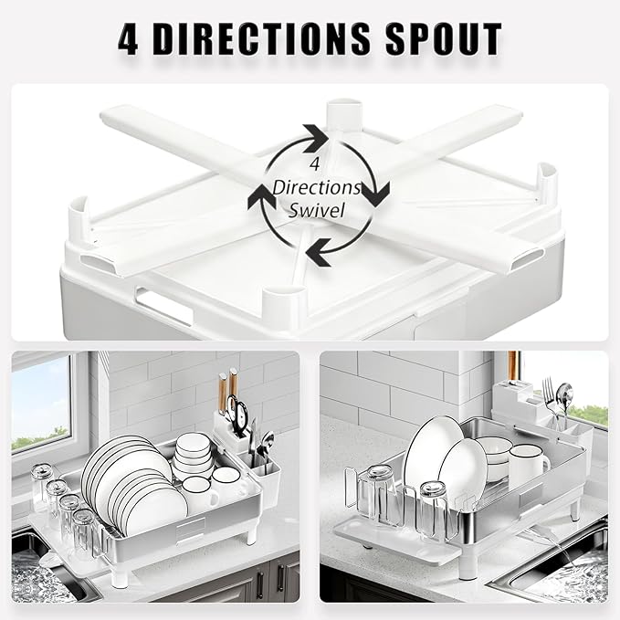 Ewaiira Dish Drying Rack, 304 Stainless Steel Dish Racks for Kitchen Counter, Dish Drainers with Automatic Drainage, Utensil Holder & Cups Holder, Space Saving Kitchen Organizer, White