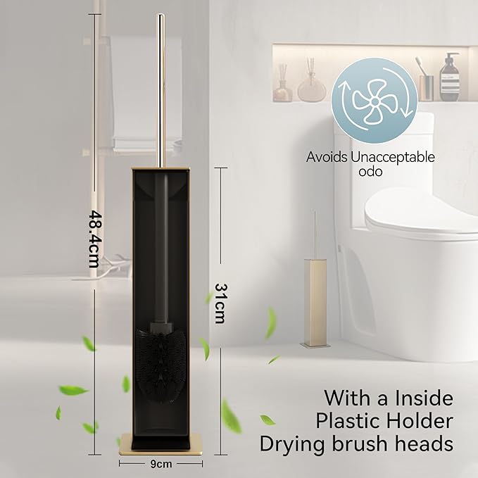 Gold Toilet Brush with Holder 304 Stainless Steel Toilet Bowl Brush, Square Bathroom Cleaner Brush