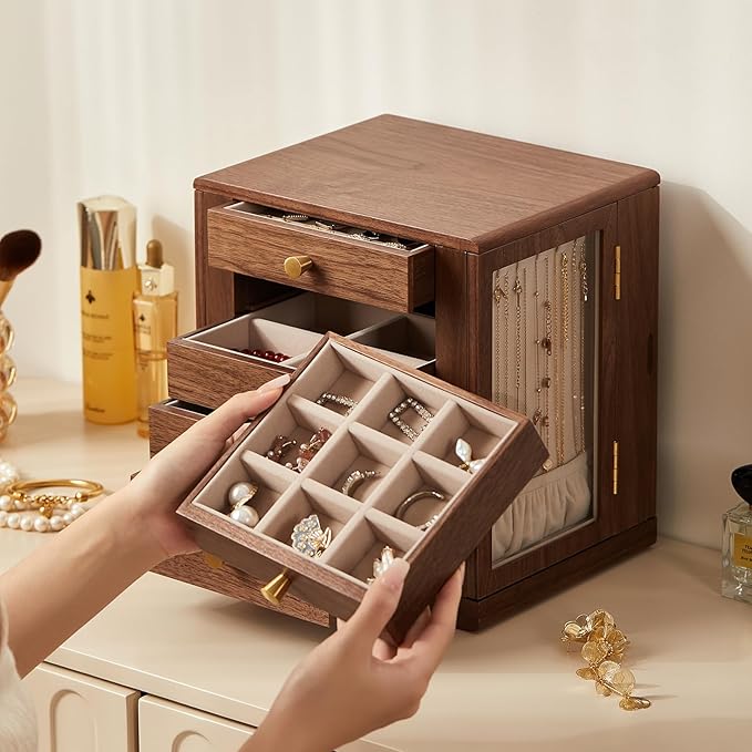 Black Walnut Wooden Jewelry Box - 360° Rotating Jewelry Organizer for Women with 5 Drawers for Rings,Necklaces,Earrings and Bracelets -Large Storage Case - Valentines Day Gifts for Her