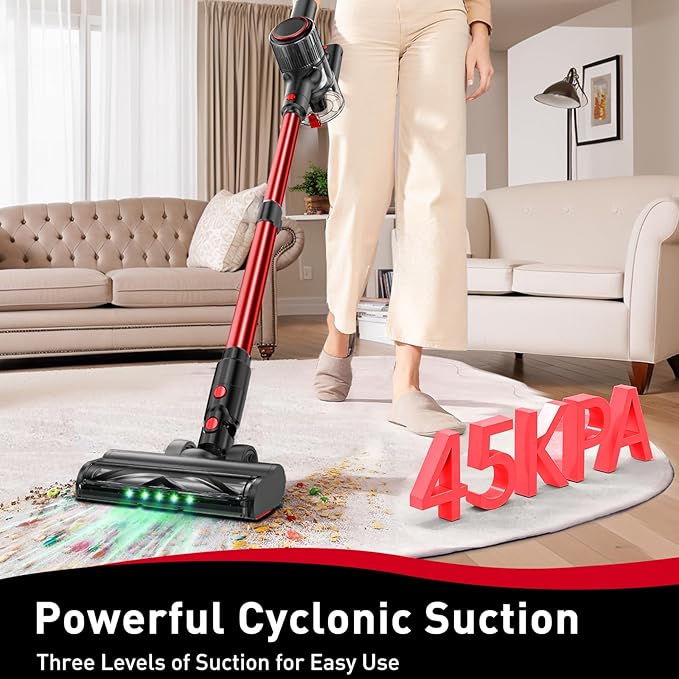 OUYFHK Cordless Vacuum Cleaner, 45KPA 8-in-1 Vacuum Cleaners for Home, 50Mins Runtime, Anti-Tangle Stick Vacuum with LED Display, Rechargeable Lightweight Vacuum for Pet Hair/Carpet/Floor (Red)