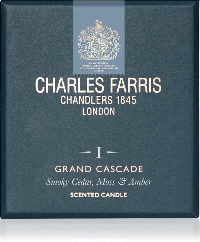 Charles Farris Luxury Scented Candle – 1 Wick, Hand-Poured, Long Lasting, Clean Burning, 210g / 7.5oz, Burns for up to 50 Hours, Made in England – Smokey Cedar, Moss & Amber – Grand Cascade