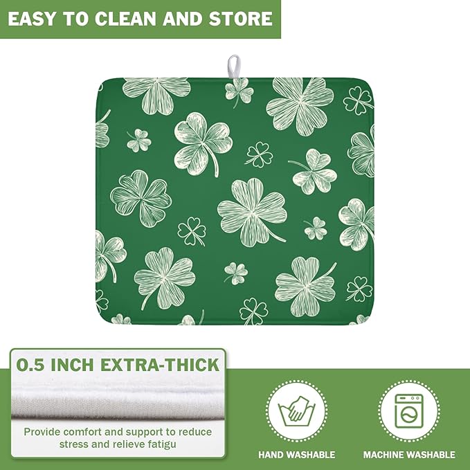 ABSOP St Patrick's Day Dish Drying Mat 16 x 18 Inch Green Shamrock Dish Drainer Rack Mat Absorbent Microfiber Mats for Spring Lucky Clovers Dish Pad for Kitchen Coffee Bar Decor