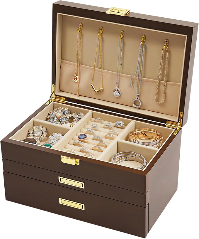 LOYALHEARTDY 3 Layers Wooden Jewelry Box Drawer, Large Jewelry Box Organizer for Women for Ring Necklace Earring Bracelet Organizer Storage Display Box (Black Walnut)