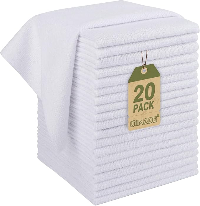 UNIMADE Microfiber Cleaning Cloth, 20 Pack Reusable Microfiber Towels for Cars Lint Free Cleaning Shop Towel Rags for Home Kitchen Automotive Bar Mechanic Restaurant Garage, 11.5"x 11.5", White