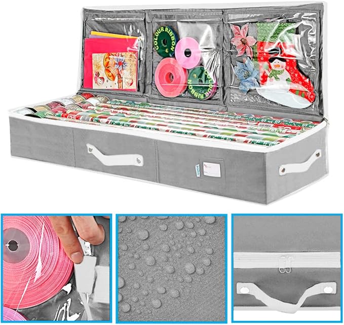 Primode Wrapping Paper Storage Container | Gift Wrap Organizer Under Bed 41”x14”x6” Box Holder for 18-24 Rolls Up to 40” | 600D Oxford Material | Pockets for Ribbon Bows (Grey)
