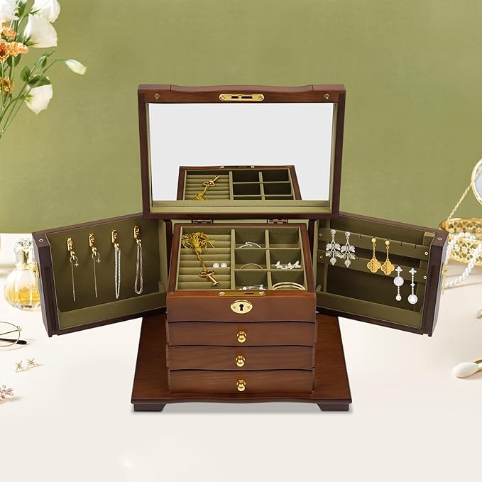 Jewelry Box,Wooden Jewelry Organizer,4 Layers Large Capacity Jewelry Holder Watches Necklace Ring Storage Box (Original Wood)