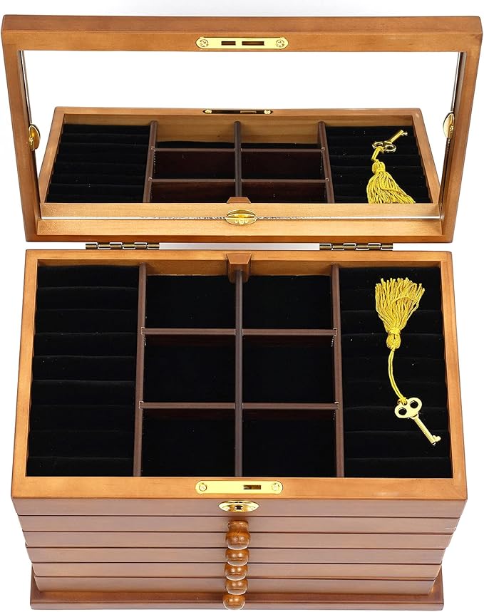Eapmic Extra Large Four-Leaf Carved 6 Layers Wooden Jewelry Box Jewelry Case Cabinet Armoire Ring Necklacel Gift Storage Box Organizer (Brown Style 2)