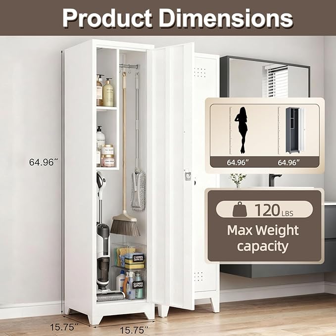 Slim Broom Closet Storage Cabinet, 65" H Metal Cabinets with Locking Door and Shelves & S-Hooks, Utility Closet, Narrow Storage Cabinets for Home Office, Pantry, Bathroom, Garage, White