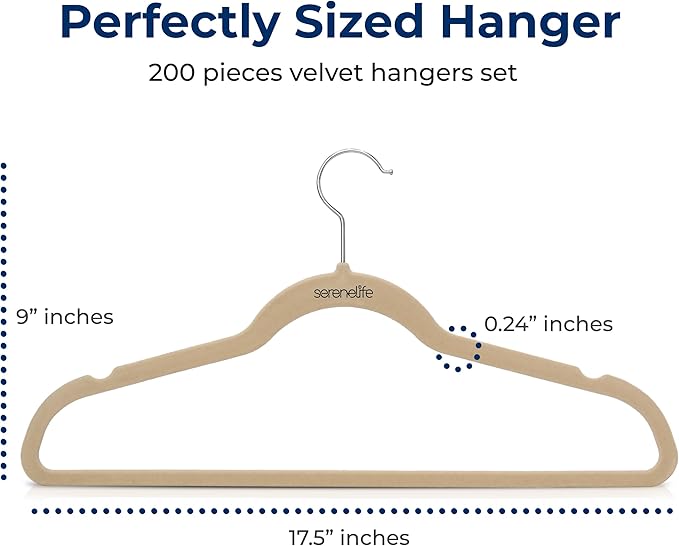 SereneLife 200 Pack Velvet Hangers - Non-Slip Felt Hangers with 360° Swivel Hook, Space-Saving, Ultra-Thin, Lightweight for Shirts, Sweaters, Hoodies, Kids Clothes & Dresses