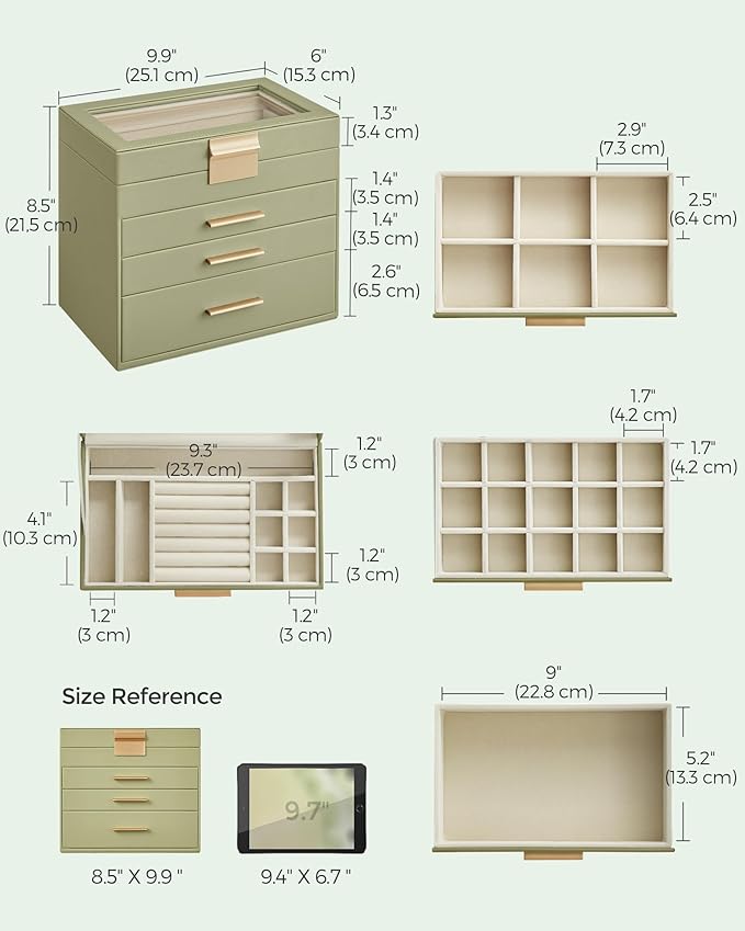 SONGMICS Jewelry Box Organizer with Glass Lid, 4-Layer Jewelry Storage, with 3 Drawers, Modern Style, 6 x 9.9 x 8.5 Inches, Laurel Green and Gold Color UJBC161C02