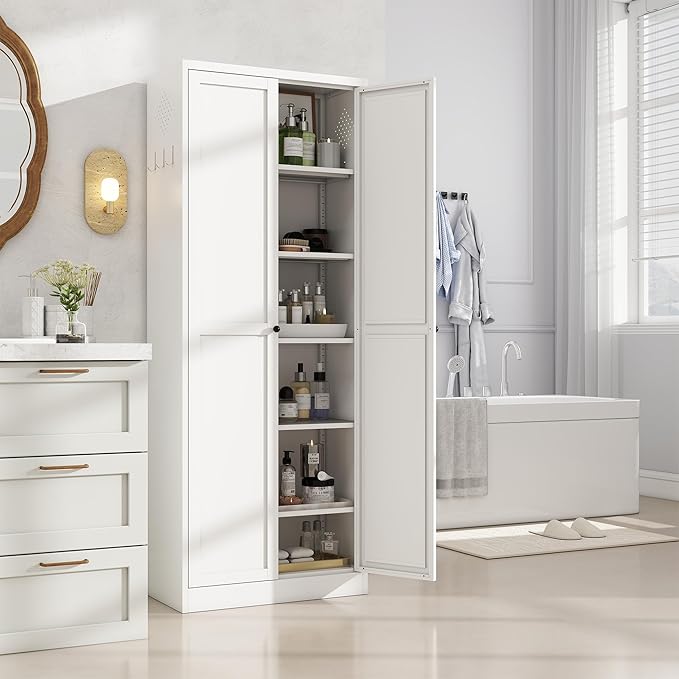 Kitchen Pantry Cabinet, 72" H Storage Cabinet with Doors and Adjustable Shelves, Metal Bathroom Cabinets, Utility Cabinets for Kitchen, Living Room, Garage, Assembly Required, White