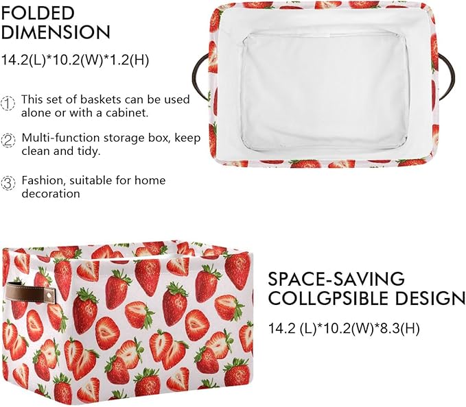 ALAZA Red Strawberry White Foldable Storage Box Storage Basket Organizer Bins with Handles for Shelf Closet Living Room Bedroom Home Office 2 Pack