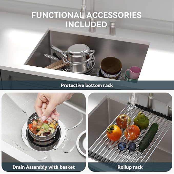 Lordear 26 inch Undermount Kitchen Sinks Stainless Steel Single Bowl Kitchen Sink Undermount 16 Gauge 10" Deep Basin 26x18 In Under Counter Sinks