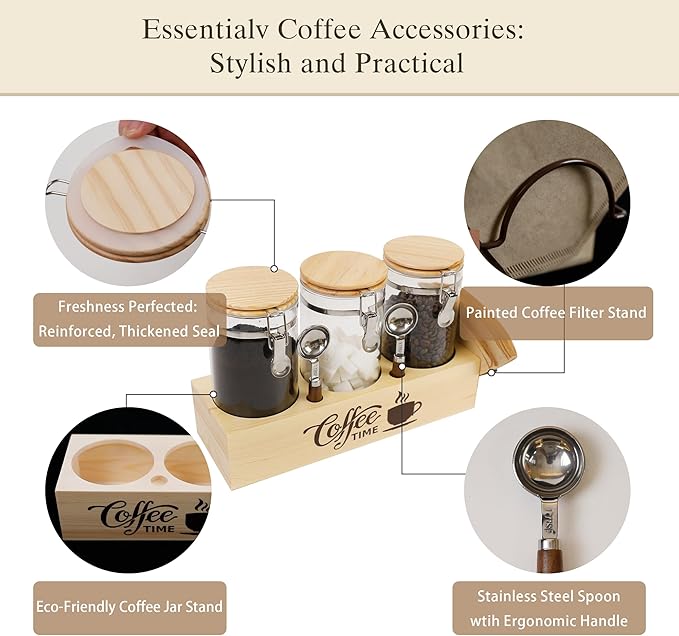 EQEY Glass Coffee Canister Set with Shelf & Spoons - 3 Piece Airtight Seal Coffee Bean Storage Containers & Filter Holder for Kitchen Organization
