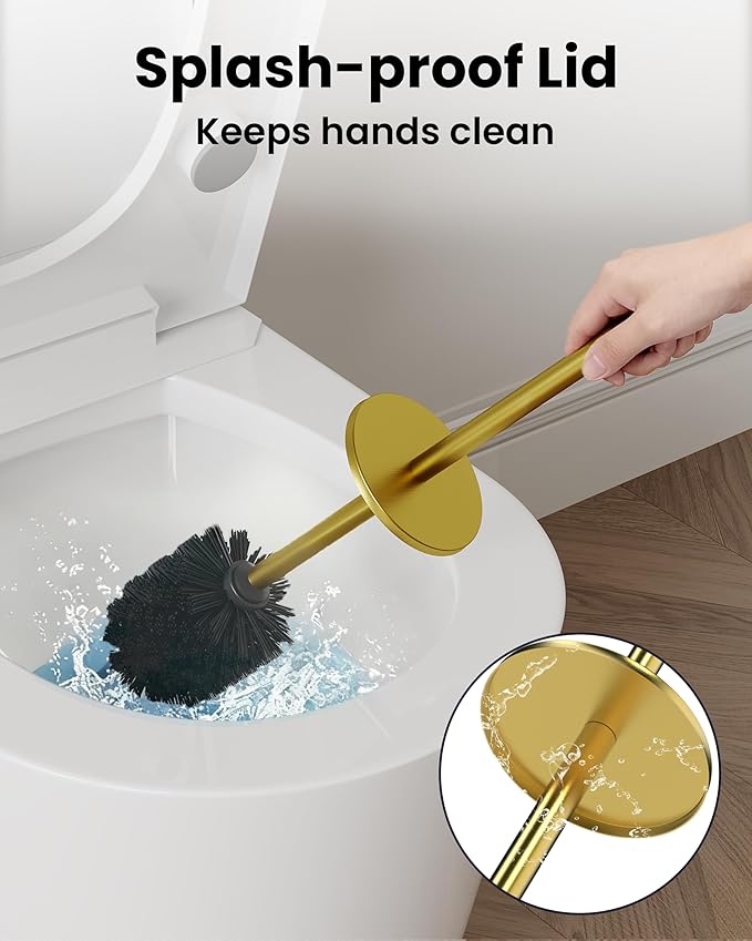 WZKALY Toilet Brush and Holder Set, Toilet Bowl Brush for Bathroom with Long Handle, Stainless Steel Toilet Cleaner Brush with Durable Scrubbing Bristles,Splash-Prooft (Brushed Gold)