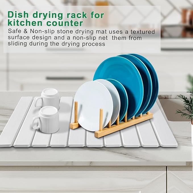 Stone Drying Mat for Kitchen Counter, Large Foldable Diatomaceous Earth Dish Drying Rack, Absorbent Diatomaceous Quick Dry Stone Mat Kitchen Dishes Bottles Cups Bathroom Any Countertop 24"(L)×16"(W)
