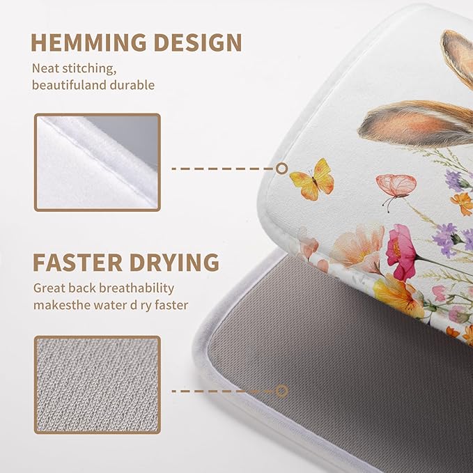 Spring Easter Dish Drying Mat for Kitchen Counter Easter Bunny Rabbit Eggs Flowers Dishes Drainer Mats 16x18 Microfiber Absorbent Medium Dish Drying Pad for Kitchen Countertop Tableware Decor