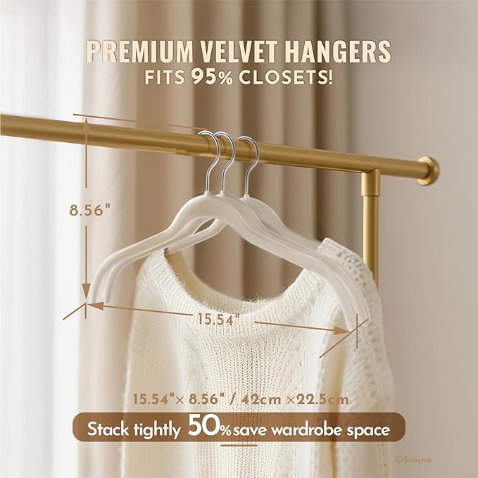 Sishynio 30 Pack Velvet Hangers for Clothes – Non-Slip Slim Flocked Shirt Hangers with 360° Swivel Hook, Space-Saving Felt Hanger for Coats, Sweaters, Tops, Blouses(Beige)