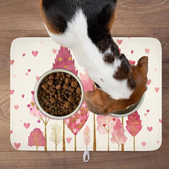 Valentines Day Pink Tree Dish Drying Mat for Kitchen Counter 24x18 Inch Heart Drying Mat with Absorbent Reversible Microfiber Love Dish Drainer Mats Rack Pad for Coffee Countertop Protector