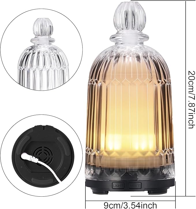 Glass Essential Oil Diffuser, Ultrasonic Aroma Diffuser Glass Cover & Plastic Reservoir with 7 LED Color Changing Light, Auto Shut-Off for Home Office Spa, 120ml(Black Base)