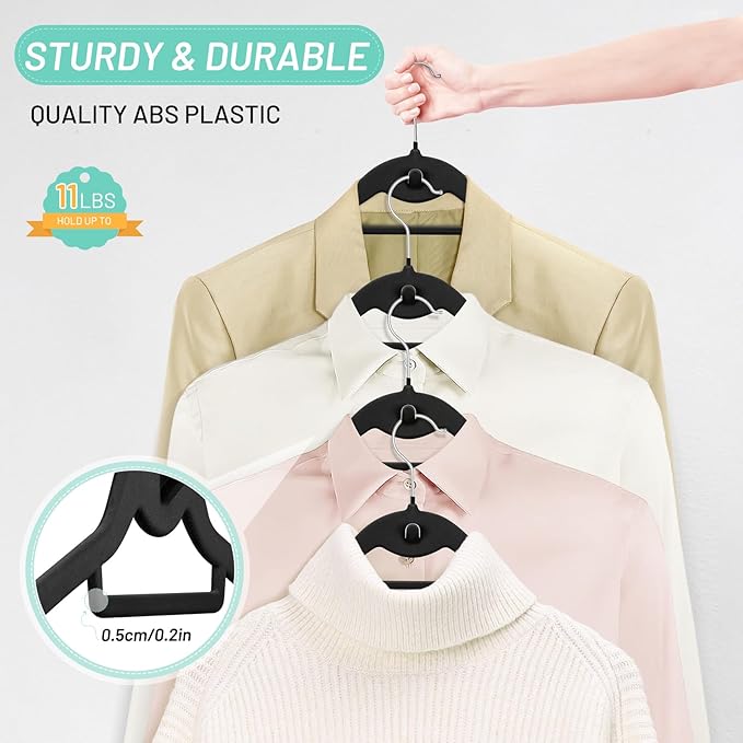 Velvet Stackable Hangers 30 Pack, STOPKLAS Black Clothes Hanger Non Slip Felt Hangers with 360° Swivel Hook, Thin Hanger Space Saving, Heavy Duty Closet Hanger for Clothes, Coats, Suits, Dress, Pants