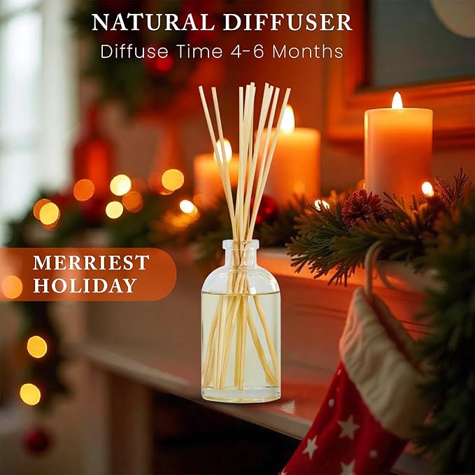 Hillhouse Naturals Reed Diffuser Set - Merriest Holiday Scent Diffuser - Reed Diffusers for Home with Long Lasting Fragrance – 6 oz Oil – Diffuse Time 4-6 Months – Made in The USA