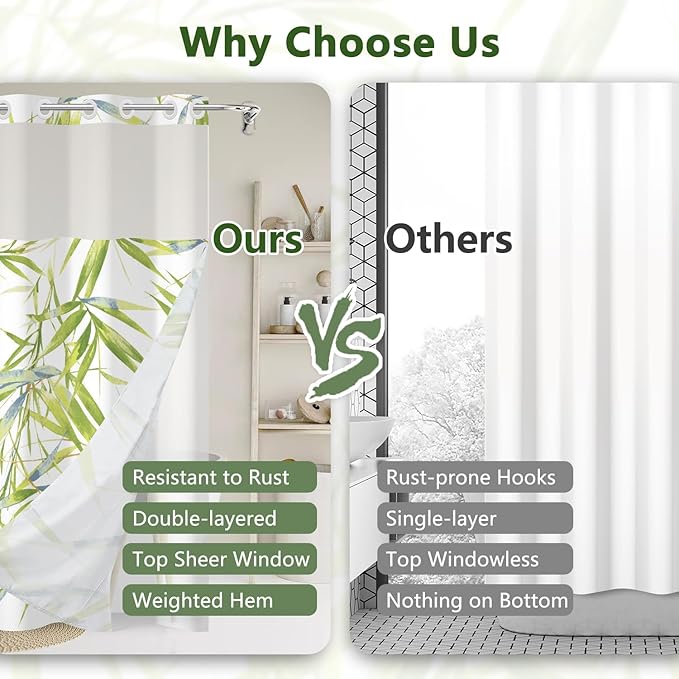 Grass Green Bamboo Leaves Shower Curtain and Liner Set, Waterproof Washable Fabric No Hook Shower Curtain, Modern Nature Botanical Aesthetic Bathroom Curtains with Top Sheer Window, 71x74 Inch
