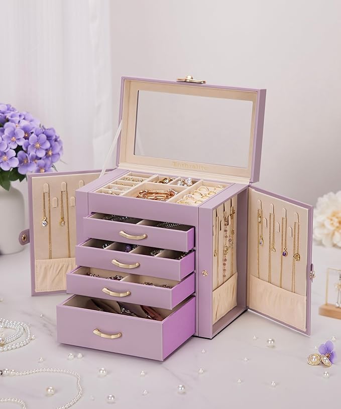Jewelry Box with 4 Drawers: Display Organizer for Earrings Necklaces - Gifts for Girls Women (Grey Purple)