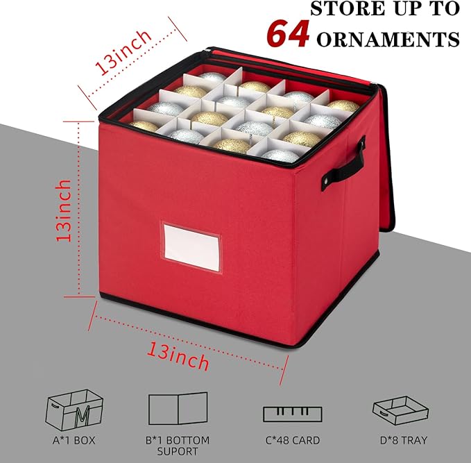 JY COOKMENT Christmas Ornament Storage Box with Adjustable Dividers, Premium Holiday Ornaments Storage Container Bin with Zippered Top for Xmas Decorations (64-3" Balls, Red, With Tray)