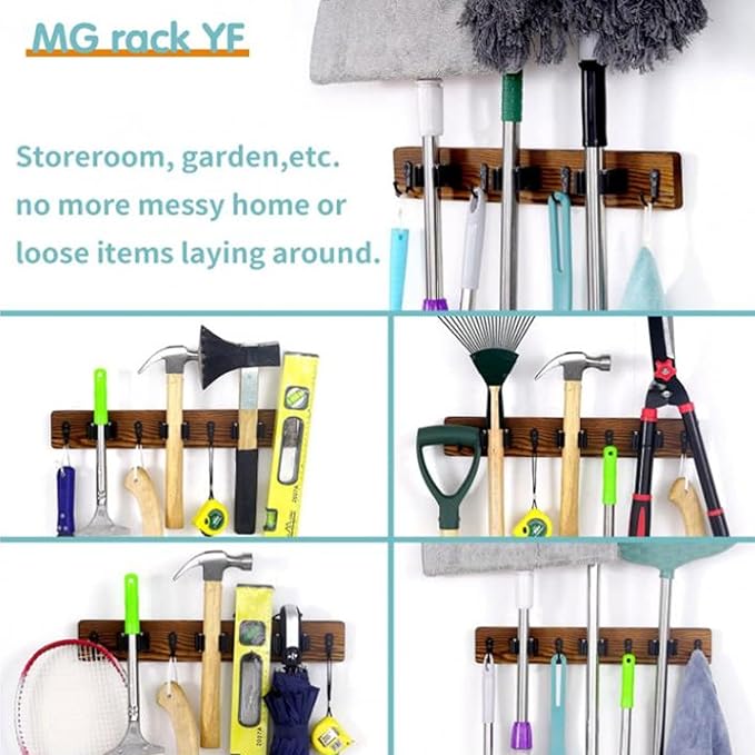 2Pcs Broom Holder, 15.7 X 2.2in Wall Mounted Mop and Broom Hanger, Garage Storage Rack with 3 Positions and 4 Hooks for Bathroom Laundry Room