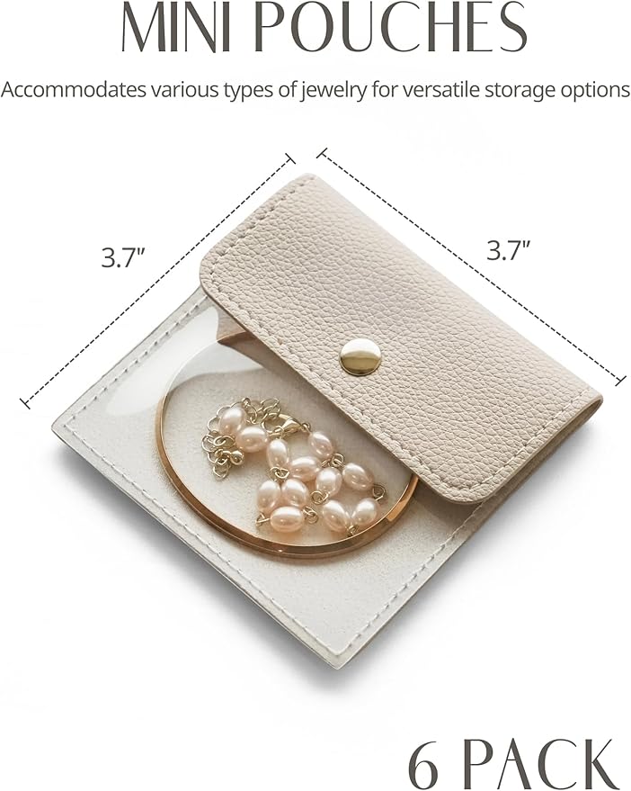 Popvibe 6 Pcs Jewelry Bags Clear Mini Pouch Small Jewelry Pouches for Traveling Leather Portable Travel Jewelry Organizer and Storage Bag for Earrings, Necklace, Beige
